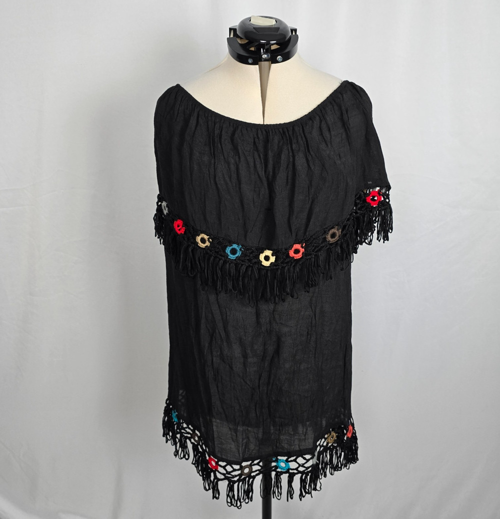 LA Class Boho Coverup Dress Women's L Black w/ Colorful Embroidering Fringe NWT